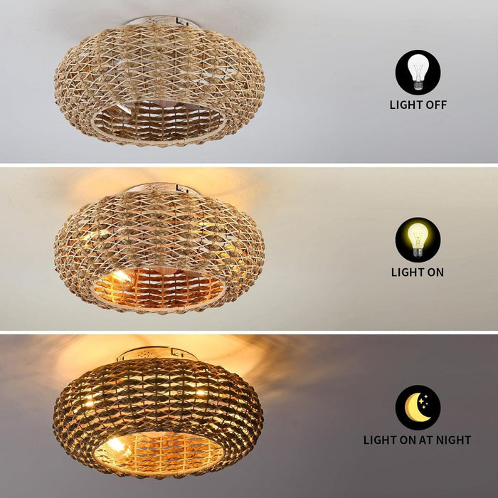 20 in. Rattan Ceiling Fan, Boho Caged Ceiling Fan with Lights, Flush Mount Low Ceiling Fan with Remote, Bedroom Ceiling Fans, Reversible Silent Fandalier-5-ErisView