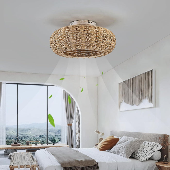 20 in. Rattan Ceiling Fan, Boho Caged Ceiling Fan with Lights, Flush Mount Low Ceiling Fan with Remote, Bedroom Ceiling Fans, Reversible Silent Fandalier-6-ErisView