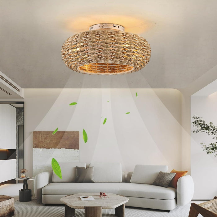 20 in. Rattan Ceiling Fan, Boho Caged Ceiling Fan with Lights, Flush Mount Low Ceiling Fan with Remote, Bedroom Ceiling Fans, Reversible Silent Fandalier-7-ErisView