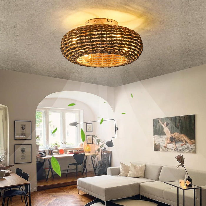 20 in. Rattan Ceiling Fan, Boho Caged Ceiling Fan with Lights, Flush Mount Low Ceiling Fan with Remote, Bedroom Ceiling Fans, Reversible Silent Fandalier-9-ErisView