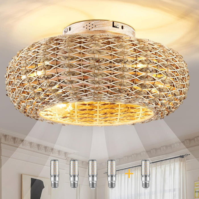 20 in. Rattan Ceiling Fan, Boho Caged Ceiling Fan with Lights, Flush Mount Low Ceiling Fan with Remote, Bedroom Ceiling Fans, Reversible Silent Fandalier-1-ErisView