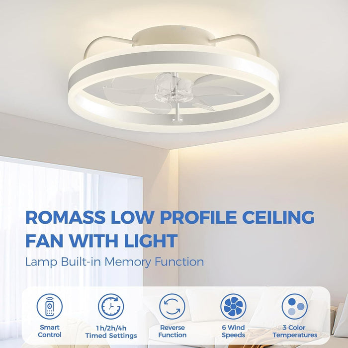 20 in. Remote Control Ceiling Fan and Light APP Control, Modern Smart Low Profile Flush Mount Bladeless Ceiling Fan for Living Room Bedroom Kitchen-3-ErisView