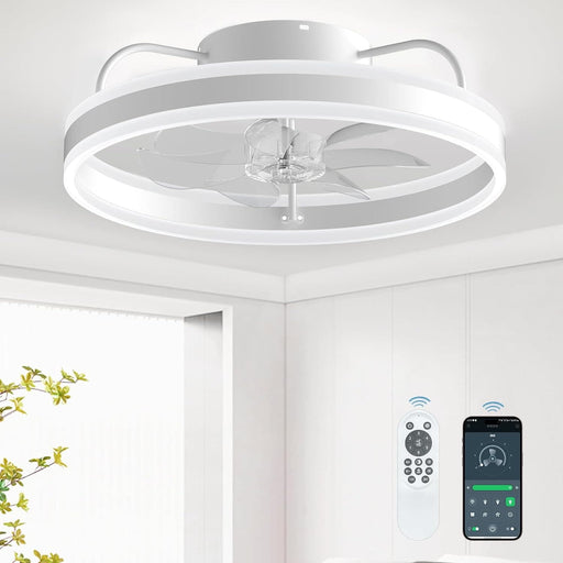 20 in. Remote Control Ceiling Fan and Light APP Control, Modern Smart Low Profile Flush Mount Bladeless Ceiling Fan for Living Room Bedroom Kitchen-1-ErisView