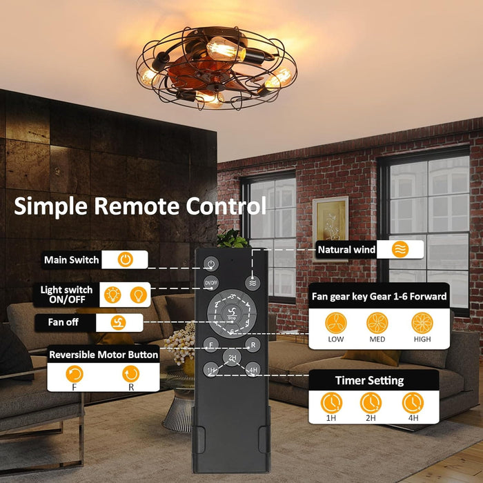 20 in. Remote Control Ceiling Fan and Light, Cage Flush Mount Ceiling Fan, Indoor Industrial Farmhouse Ceiling Fan for Bedroom Kitchen Living Room-5-ErisView