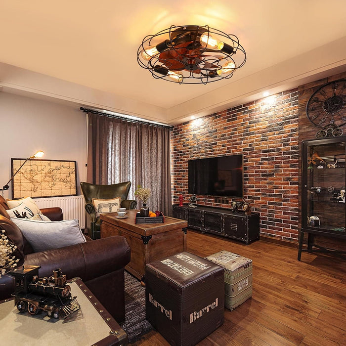 20 in. Remote Control Ceiling Fan and Light, Cage Flush Mount Ceiling Fan, Indoor Industrial Farmhouse Ceiling Fan for Bedroom Kitchen Living Room-6-ErisView