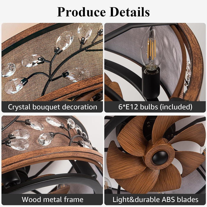 20 in. Rustic Flush Mount Ceiling Fans with Remote, Low Profile Farmhouse Ceiling Fan with Light, Modern Caged Crystal Ceiling Fan Lights Fixture-3-ErisView