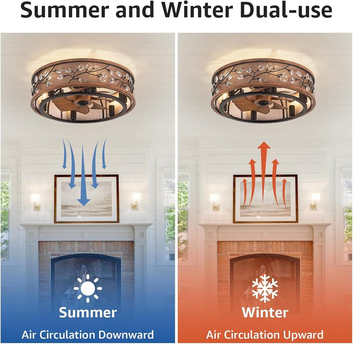 20 in. Rustic Flush Mount Ceiling Fans with Remote, Low Profile Farmhouse Ceiling Fan with Light, Modern Caged Crystal Ceiling Fan Lights Fixture-4-ErisView