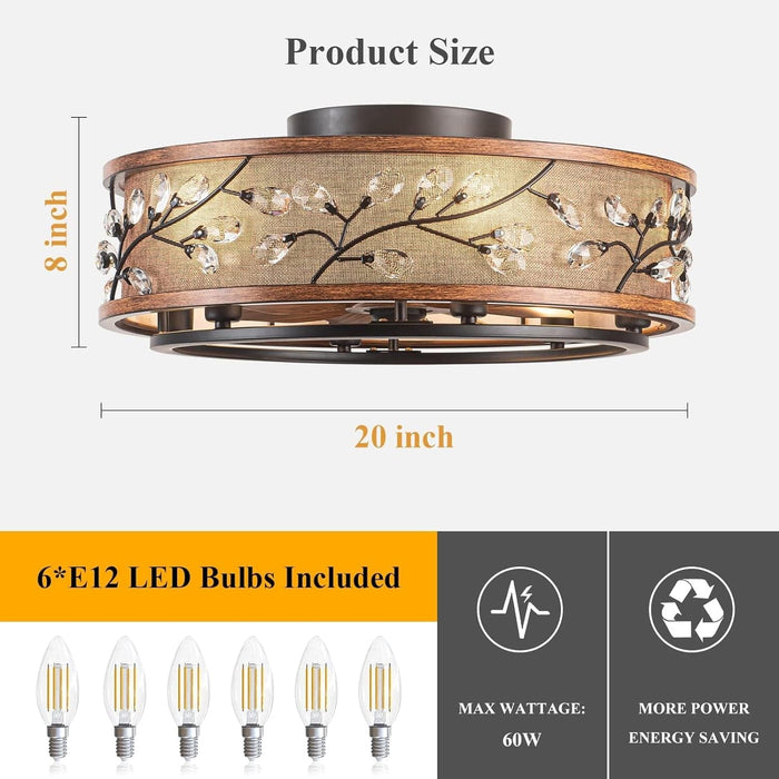 20 in. Rustic Flush Mount Ceiling Fans with Remote, Low Profile Farmhouse Ceiling Fan with Light, Modern Caged Crystal Ceiling Fan Lights Fixture-6-ErisView