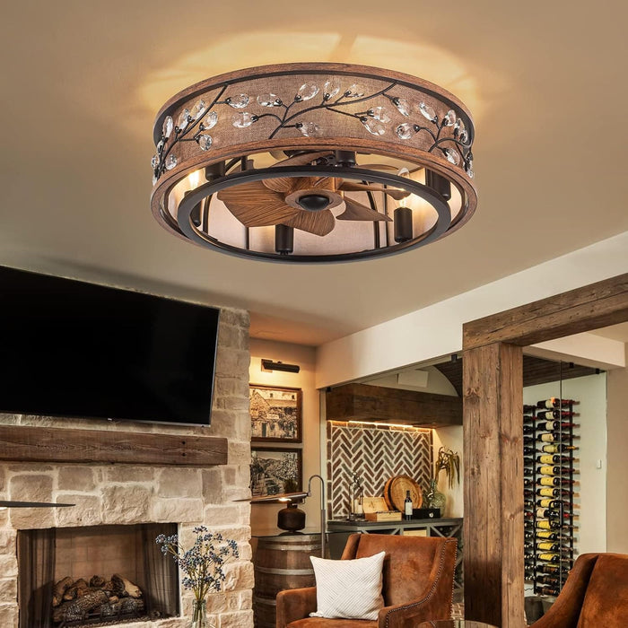 20 in. Rustic Flush Mount Ceiling Fans with Remote, Low Profile Farmhouse Ceiling Fan with Light, Modern Caged Crystal Ceiling Fan Lights Fixture-7-ErisView