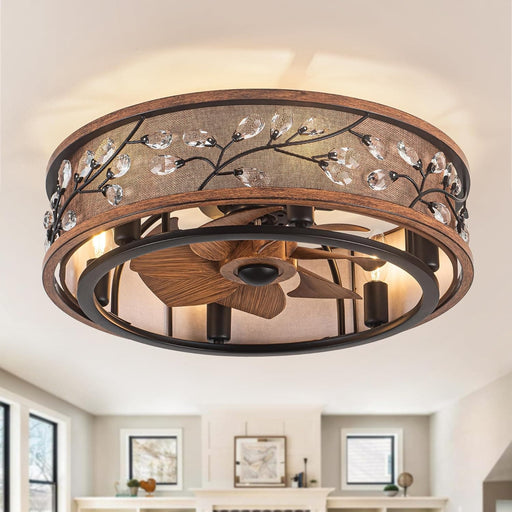 20 in. Rustic Flush Mount Ceiling Fans with Remote, Low Profile Farmhouse Ceiling Fan with Light, Modern Caged Crystal Ceiling Fan Lights Fixture-1-ErisView