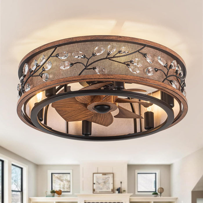 20 in. Rustic Flush Mount Ceiling Fans with Remote, Low Profile Farmhouse Ceiling Fan with Light, Modern Caged Crystal Ceiling Fan Lights Fixture-1-ErisView