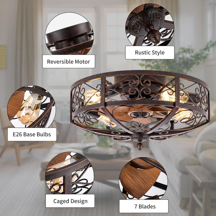 20 in. Rustic Vintage Ceiling Fans, Enclosed Ceiling Fan with Remote for Hallway Kitchen Bedroom-6-ErisView