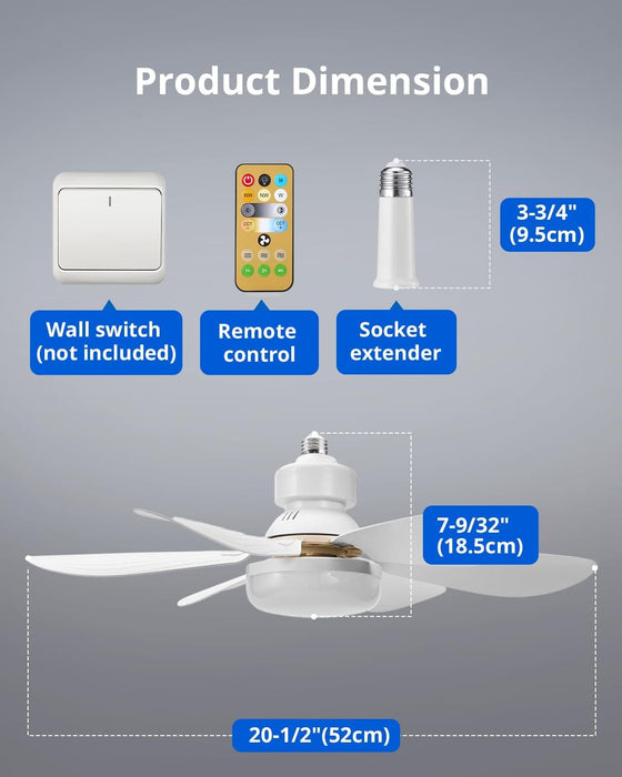 20 in. Screw In 6 Blades Small Ceiling Fan, Ceiling Fans with Lights, Dimmable Socket Ceiling Fan-6-ErisView
