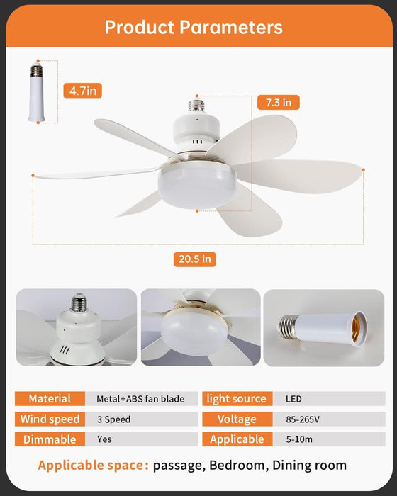 20 in. Screw In Bedroom Ceiling Fans with Lights, Socket Fan Light with Remote, Dimmable Socket Fan with Light for Garage, Bathroom, Bedroom, Kitchen-7-ErisView