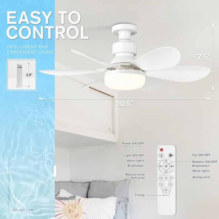 20 in. Screw In Ceiling Fan Light, Small Remote Control Ceiling Fans, White Dimmable Ceiling Fan and Light-6-ErisView
