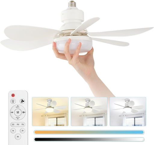 20 in. Screw In Ceiling Fan Light, Small Remote Control Ceiling Fans, White Dimmable Ceiling Fan and Light-1-ErisView