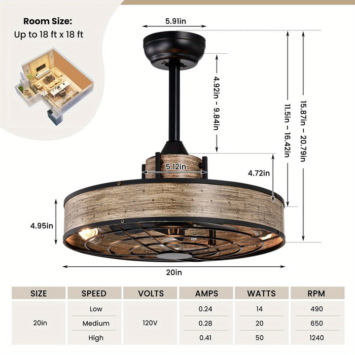 20 in. Small Caged Ceiling Fan with Light and Remote Control, Farmhouse Semi-Flush Mount Ceiling Fan for Bedroom Living Room-ErisView