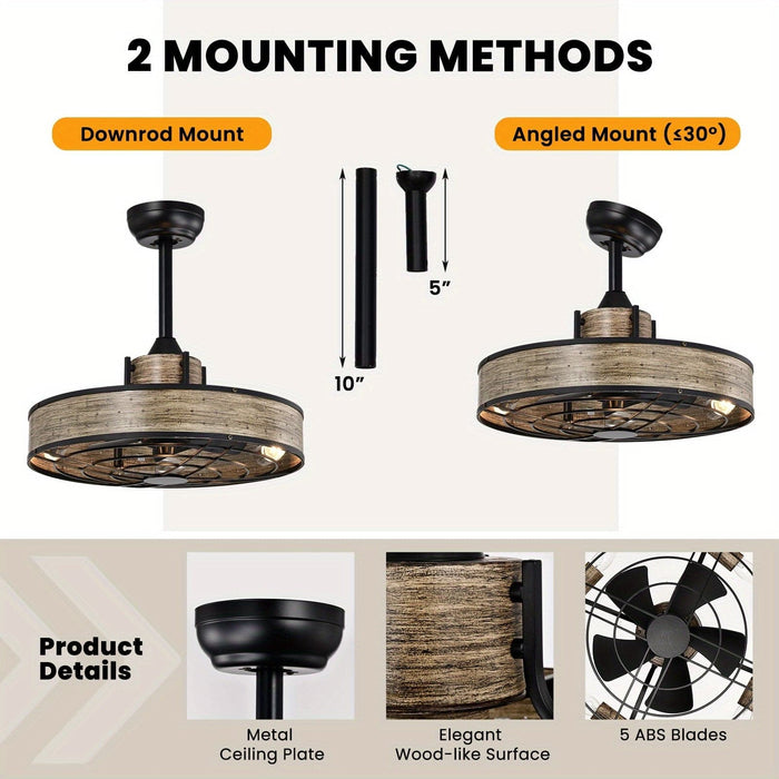 20 in. Small Caged Ceiling Fan with Light and Remote Control, Farmhouse Semi-Flush Mount Ceiling Fan for Bedroom Living Room-ErisView