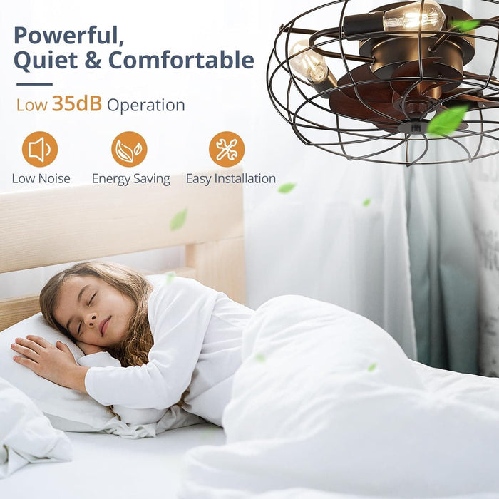 20 in. Small Caged Ceiling Fan with Lights and Remote, Low Profile Flush Mount Ceiling Fan without Blades, Farmhouse Industrial Enclosed Ceiling Fan-3-ErisView