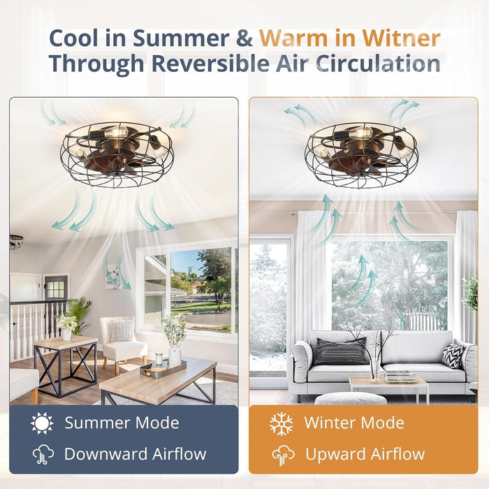 20 in. Small Caged Ceiling Fan with Lights and Remote, Low Profile Flush Mount Ceiling Fan without Blades, Farmhouse Industrial Enclosed Ceiling Fan-5-ErisView