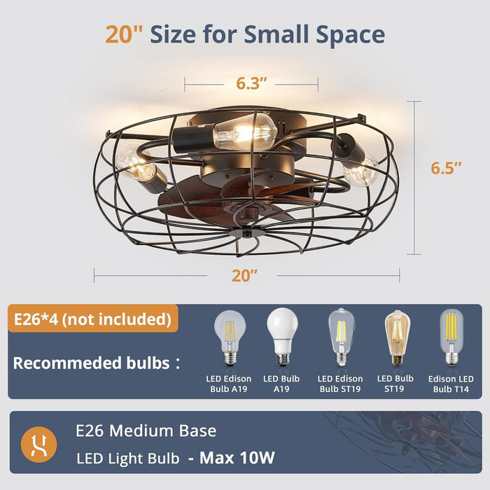 20 in. Small Caged Ceiling Fan with Lights and Remote, Low Profile Flush Mount Ceiling Fan without Blades, Farmhouse Industrial Enclosed Ceiling Fan-6-ErisView