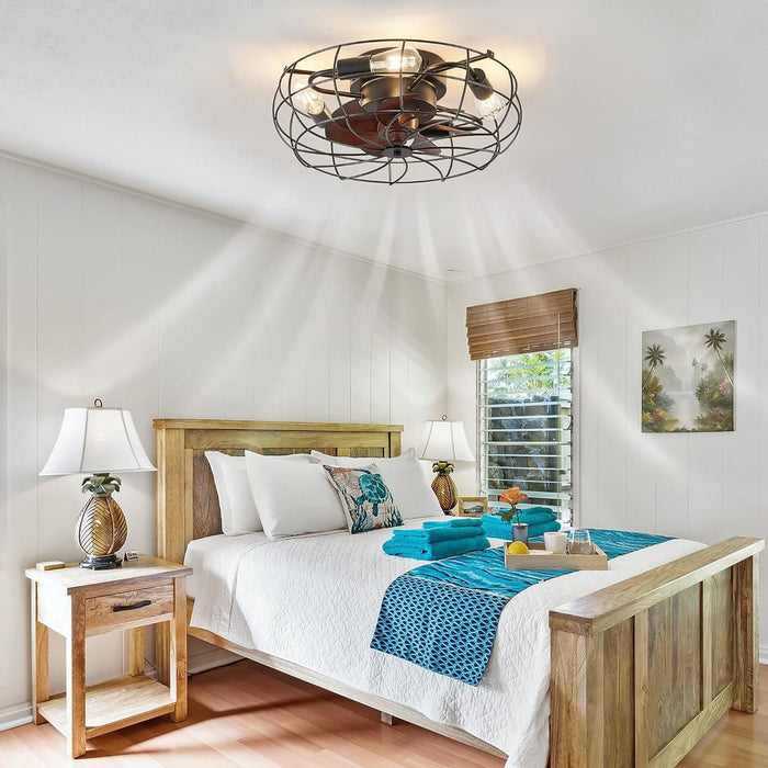 20 in. Small Caged Ceiling Fan with Lights and Remote, Low Profile Flush Mount Ceiling Fan without Blades, Farmhouse Industrial Enclosed Ceiling Fan-7-ErisView