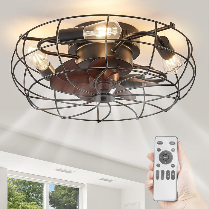 20 in. Small Caged Ceiling Fan with Lights and Remote, Low Profile Flush Mount Ceiling Fan without Blades, Farmhouse Industrial Enclosed Ceiling Fan-1-ErisView