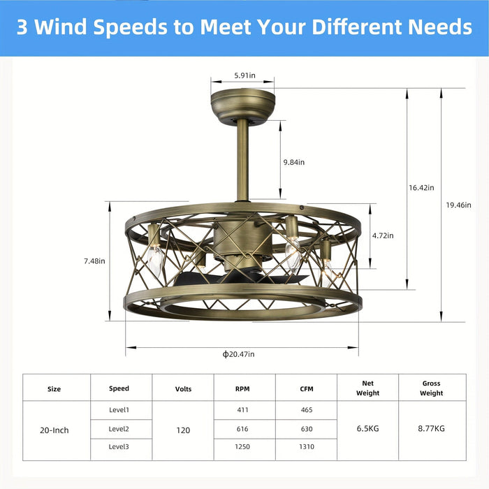 20 in. Small Caged Low Profile Enclosed Ceiling Fan, Reversible Bladeless Ceiling Fan, Semi-Flush Mount Ceiling Fan with Lights for Living Room Bedroom-ErisView