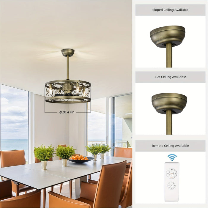 20 in. Small Caged Low Profile Enclosed Ceiling Fan, Reversible Bladeless Ceiling Fan, Semi-Flush Mount Ceiling Fan with Lights for Living Room Bedroom-ErisView