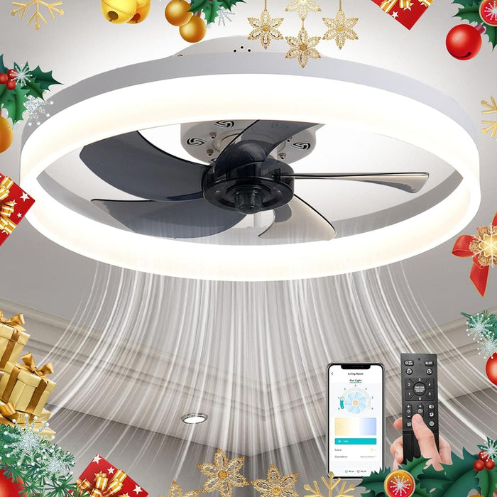 20 in. Small Flush Mount Bladeless Ceiling Fan and Remote, White Modern Low Profile Enclosed Ceiling Fan for Bedroom Living Room Kitchen-1-ErisView