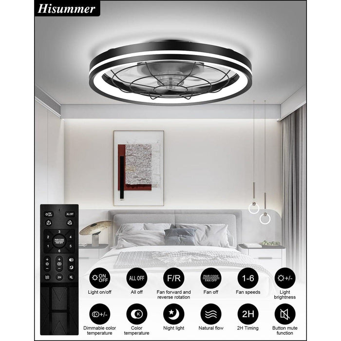 20 in. Small Flush Mount Low Profile Ceiling Fan and Light Remote, Bladeless Bedroom Ceiling Fan, Dimmable Modern Black Enclosed Ceiling Fan for Small Room-2-ErisView