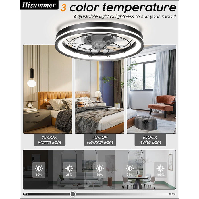 20 in. Small Flush Mount Low Profile Ceiling Fan and Light Remote, Bladeless Bedroom Ceiling Fan, Dimmable Modern Black Enclosed Ceiling Fan for Small Room-3-ErisView