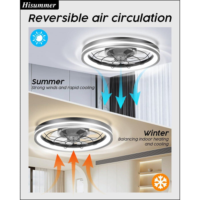 20 in. Small Flush Mount Low Profile Ceiling Fan and Light Remote, Bladeless Bedroom Ceiling Fan, Dimmable Modern Black Enclosed Ceiling Fan for Small Room-4-ErisView
