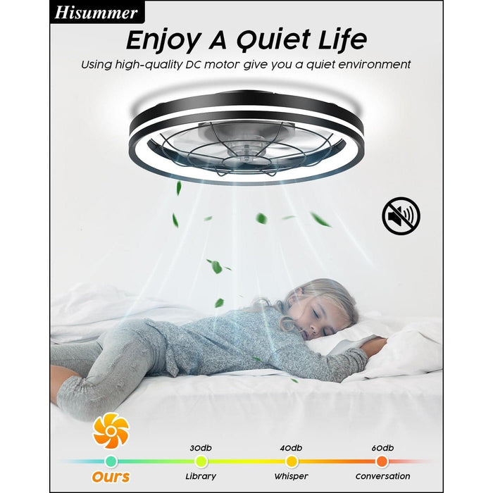 20 in. Small Flush Mount Low Profile Ceiling Fan and Light Remote, Bladeless Bedroom Ceiling Fan, Dimmable Modern Black Enclosed Ceiling Fan for Small Room-6-ErisView