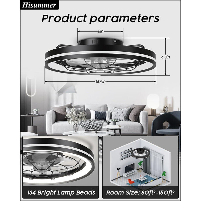 20 in. Small Flush Mount Low Profile Ceiling Fan and Light Remote, Bladeless Bedroom Ceiling Fan, Dimmable Modern Black Enclosed Ceiling Fan for Small Room-8-ErisView