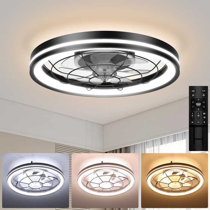 20 in. Small Flush Mount Low Profile Ceiling Fan and Light Remote, Bladeless Bedroom Ceiling Fan, Dimmable Modern Black Enclosed Ceiling Fan for Small Room-1-ErisView