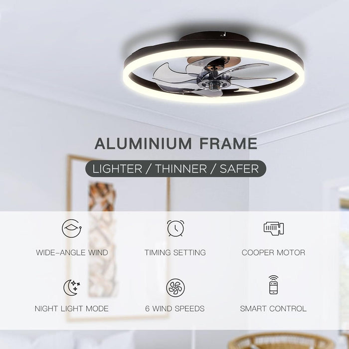 20 in. Small Modern Ceiling Fan with Low Profile Light, LED Ceiling Fan with Remote, Black Bladeless Flush Mount Fan Light Fixtures for Bedroom Living Room-2-ErisView