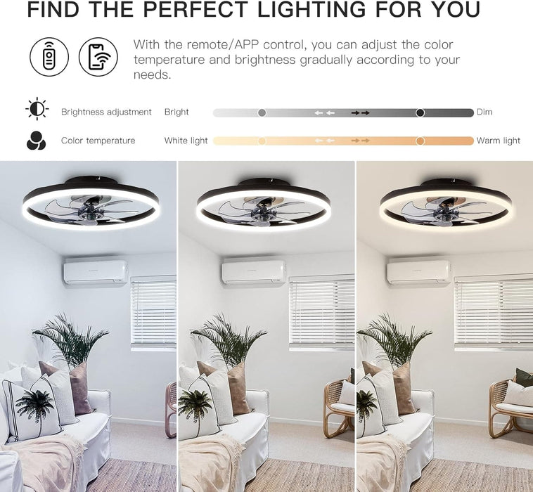 20 in. Small Modern Ceiling Fan with Low Profile Light, LED Ceiling Fan with Remote, Black Bladeless Flush Mount Fan Light Fixtures for Bedroom Living Room-3-ErisView