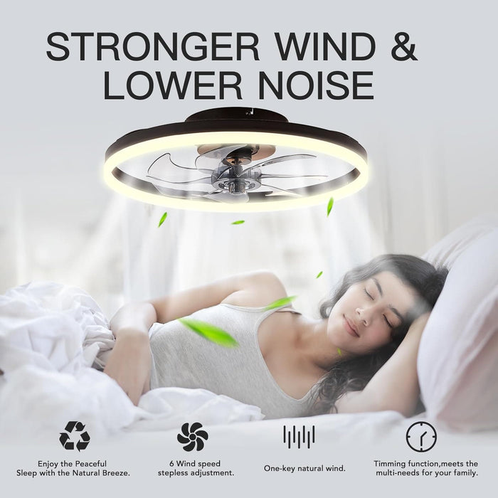 20 in. Small Modern Ceiling Fan with Low Profile Light, LED Ceiling Fan with Remote, Black Bladeless Flush Mount Fan Light Fixtures for Bedroom Living Room-5-ErisView