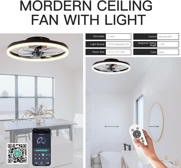 20 in. Small Modern Ceiling Fan with Low Profile Light, LED Ceiling Fan with Remote, Black Bladeless Flush Mount Fan Light Fixtures for Bedroom Living Room-6-ErisView