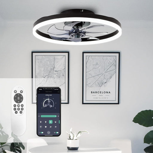20 in. Small Modern Ceiling Fan with Low Profile Light, LED Ceiling Fan with Remote, Black Bladeless Flush Mount Fan Light Fixtures for Bedroom Living Room-1-ErisView