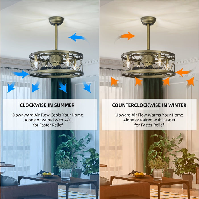 20 in. Small Semi-Flush Mount Caged Ceiling Fan with Light, Modern Low Profile Ceiling Fan with Reversible Bladeless for Bedroom Dining Room Kitchen-ErisView