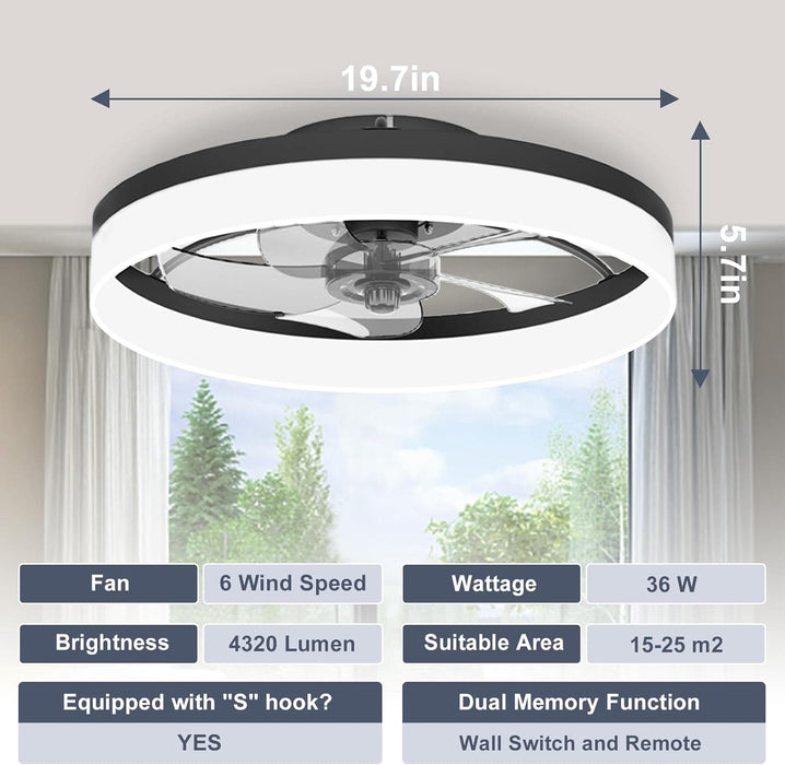 20 in. Smart Bladeless LED Fan Light, Low Ceiling Fan with Lights and Remote, Flush Mount Fandelier Ceiling Fan, Black Modern Ceiling Fan with Light-6-ErisView