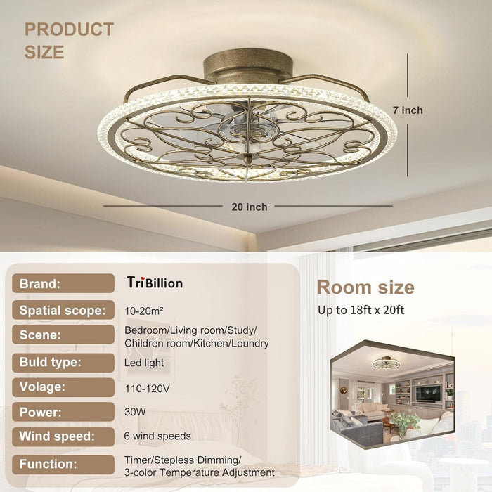 20 in. Smart Silver Flush Mount Ceiling Fan without Blades, Antique Vintage Ceiling Fan with Low Profile Light, Boho Enclosed Ceiling Fan with Remote-2-ErisView