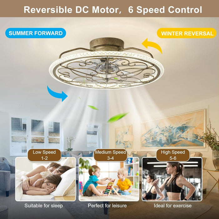 20 in. Smart Silver Flush Mount Ceiling Fan without Blades, Antique Vintage Ceiling Fan with Low Profile Light, Boho Enclosed Ceiling Fan with Remote-3-ErisView