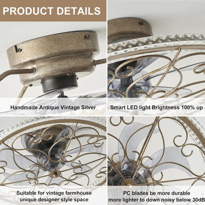 20 in. Smart Silver Flush Mount Ceiling Fan without Blades, Antique Vintage Ceiling Fan with Low Profile Light, Boho Enclosed Ceiling Fan with Remote-5-ErisView