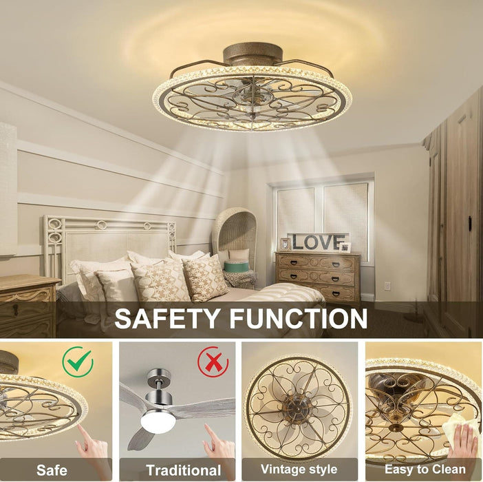 20 in. Smart Silver Flush Mount Ceiling Fan without Blades, Antique Vintage Ceiling Fan with Low Profile Light, Boho Enclosed Ceiling Fan with Remote-6-ErisView