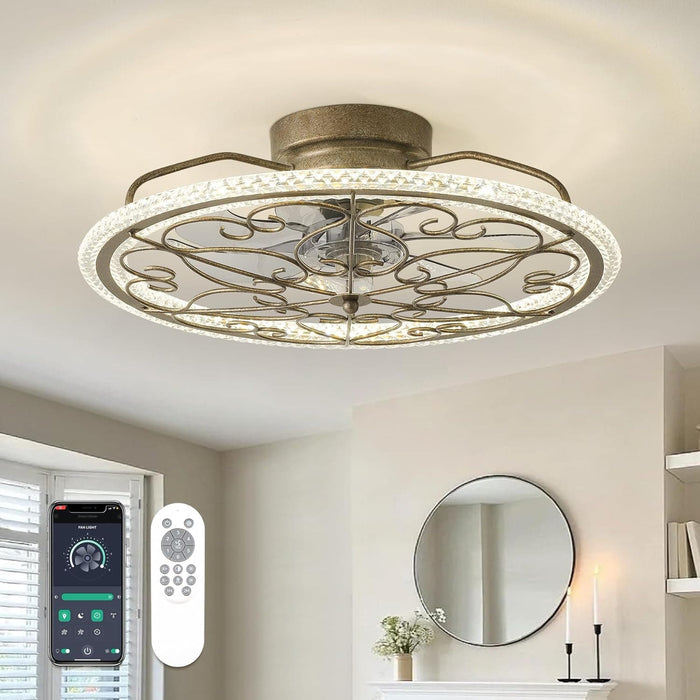 20 in. Smart Silver Flush Mount Ceiling Fan without Blades, Antique Vintage Ceiling Fan with Low Profile Light, Boho Enclosed Ceiling Fan with Remote-1-ErisView