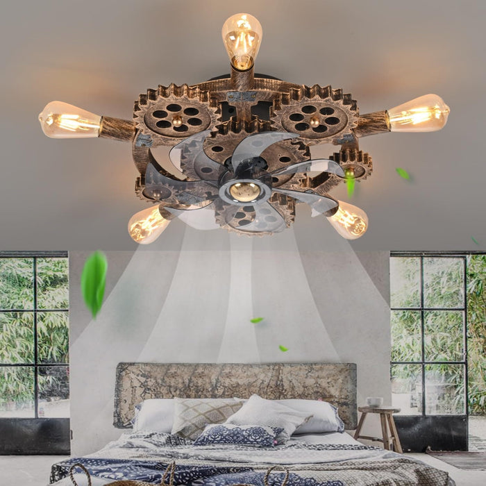 20 in. Steampunk Ceiling Fan with Lights and Remote, Low Profile Flush Mount Bladeless Ceiling Fan, Nautical Ceiling Fans for Bedroom Kitchen Bar Cafe-2-ErisView