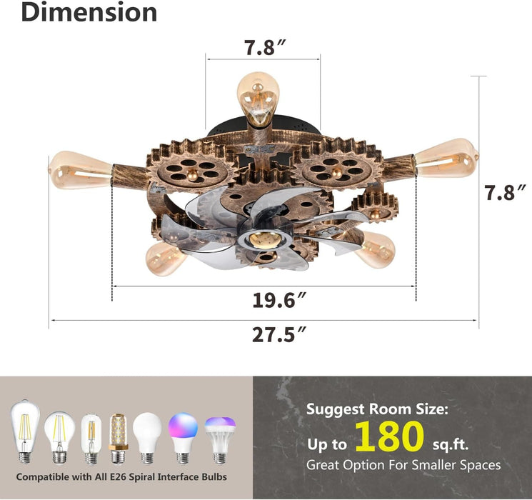 20 in. Steampunk Ceiling Fan with Lights and Remote, Low Profile Flush Mount Bladeless Ceiling Fan, Nautical Ceiling Fans for Bedroom Kitchen Bar Cafe-3-ErisView